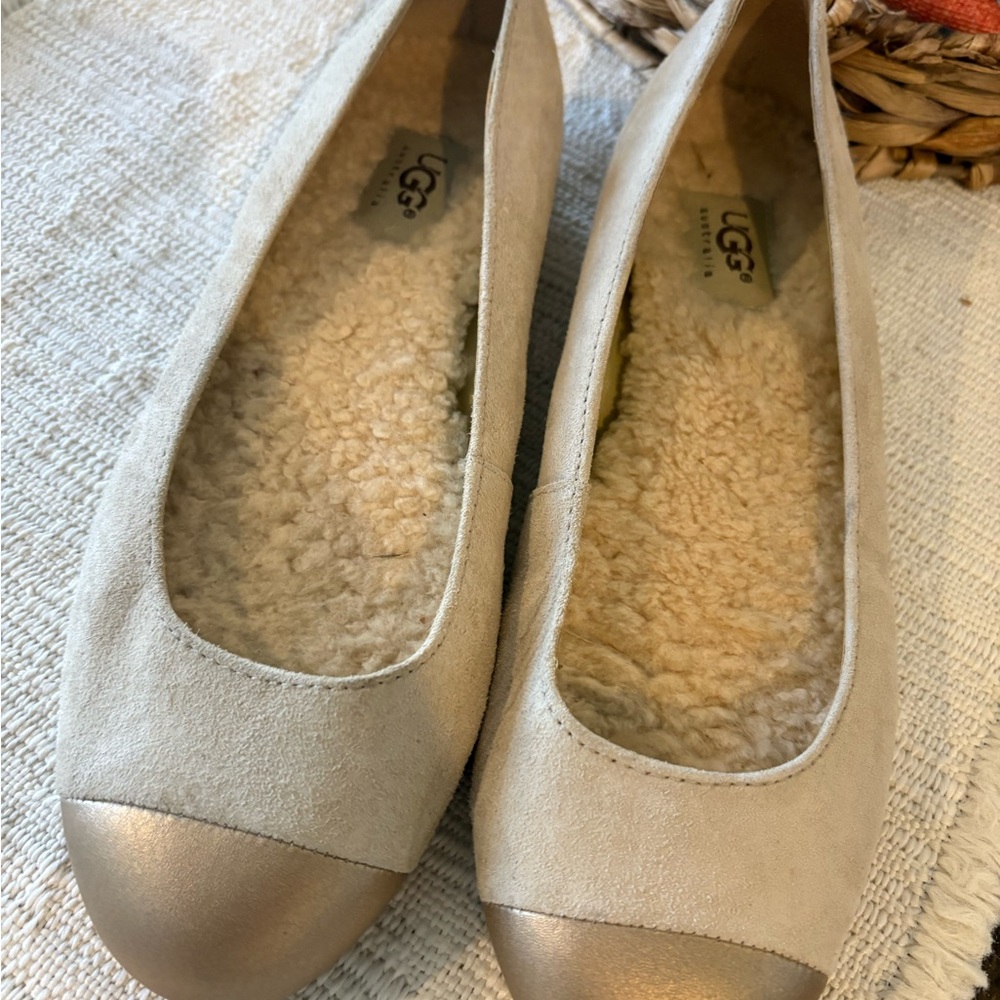 UGG Women's Light Beige Suede Shearling Ballet Flats with Metallic Toe - Picture 2 of 8